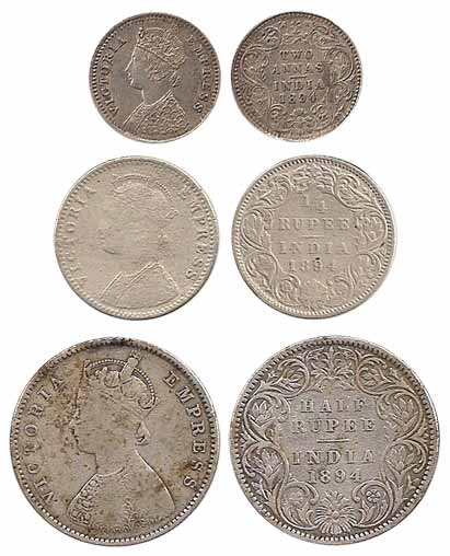Victoria Empress, Silver (3), Set of 3: ½ and ¼ Rupee and 2 Annas, 1894. 1 Rupee in this p