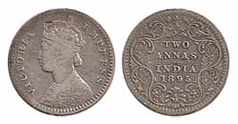 Victoria Empress, Silver, 2 Annas, 1895. Rupee, ½ and ¼ Rupee coins in this particular yea