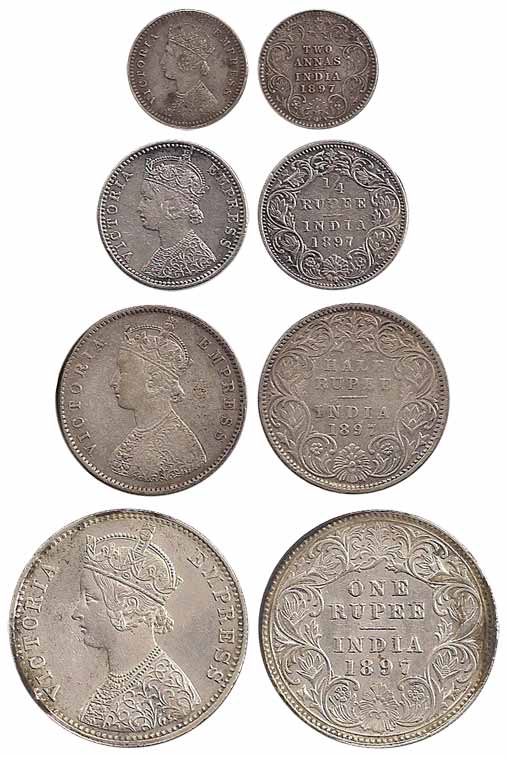 Victoria Empress, Silver (4), Set of 4: Rupee, ½, ¼ Rupee and 2 Annas, 1897. Very Fine to 