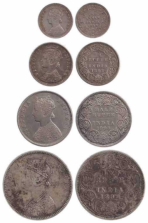 Victoria Empress, Silver (4), Set of 4: Rupee, ½, ¼ Rupee and 2 Annas, 1898. Very Fine to 