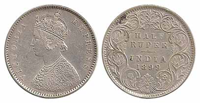 Victoria Empress, Silver, ½ Rupee, 1899. Rupee, ¼ Rupee and 2 Anna coins in this particula