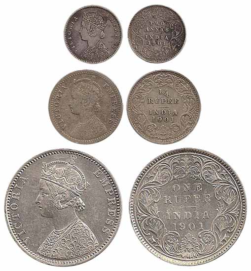 Victoria Empress, Silver (3), Set of 3: Rupee, ¼ Rupee and 2 Annas, 1901. ½ Rupee in this 