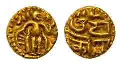 Cholas, Raja Raja I, Gold, Fanam, the king standing to right on obv, title in Nagari Nagar