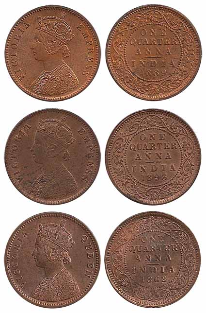 Victoria Empress, Copper (5), ¼ Anna, 1862 (Queen), 1889, 1893, 1900 and 1901. All UNC, Sc