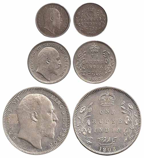 Edward VII, Silver (3), Set of 3: Rupee, ¼ Rupee and 2 Annas, 1903. ½ Rupee in this partic