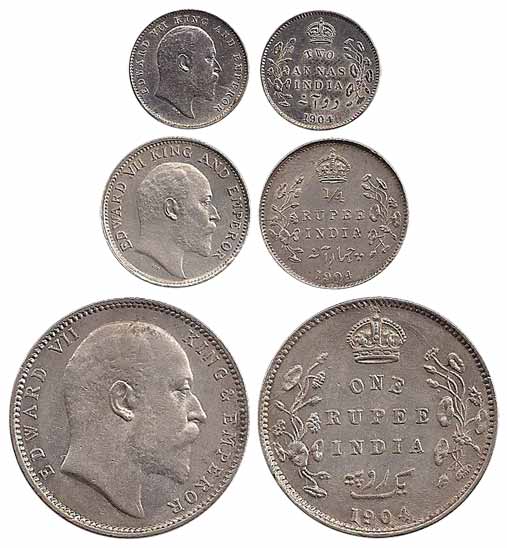 Edward VII, Silver (3), Set of 3: Rupee, ¼ Rupee and 2 Annas, 1904. ½ Rupee in this partic
