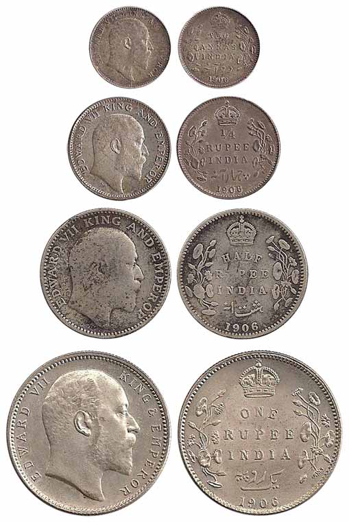 Edward VII, Silver (4), Set of 4: Rupee, ½, ¼ Rupee and 2 Annas, 1906. Very Fine to About 