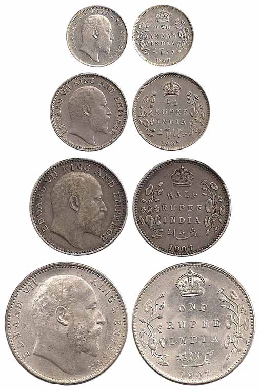 Edward VII, Silver (4), Set of 4: Rupee, ½, ¼ Rupee and 2 Annas, 1907. Very Fine+ to About