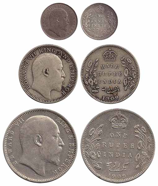 Edward VII, Silver (3), Set of 4: Rupee, ½, Rupee and 2 Annas, 1909. ¼ Rupee in this parti