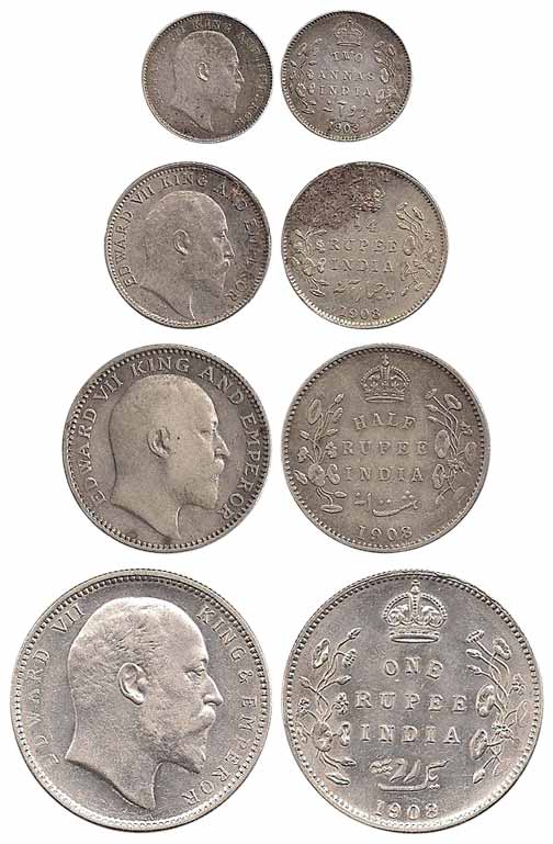 Edward VII, Silver (4), Set of 4: Rupee, ½, ¼ Rupee and 2 Annas, 1908. Very Fine+ to About