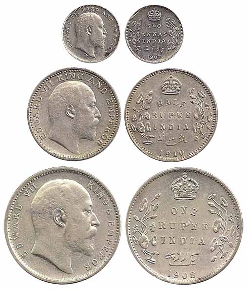 Edward VII, Silver (3), Rupee, 1908; ½ Rupee, 1909; and 2 Annas, 1907. All UNC, Scarce. 3 