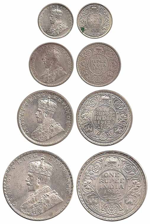 George V, Silver (4), Set of 4: Rupee, ½, ¼ Rupee and 2 Annas, 1912. Very Fine+ to About E