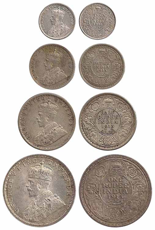 George V, Silver (4), Set of 4: Rupee, ½, ¼ Rupee and 2 Annas, 1913. Very Fine+ to About E