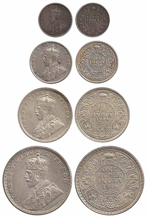 George V, Silver (4), Set of 4: Rupee, ½, ¼ Rupee and 2 Annas, 1914. Very Fine+ to About E