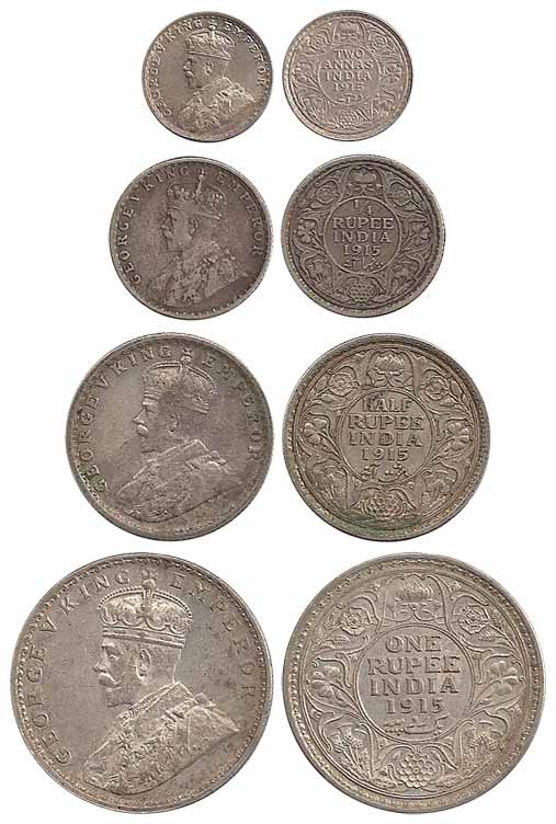 George V, Silver (4), Set of 4: Rupee, ½, ¼ Rupee and 2 Annas, 1915. Very Fine+ to About E