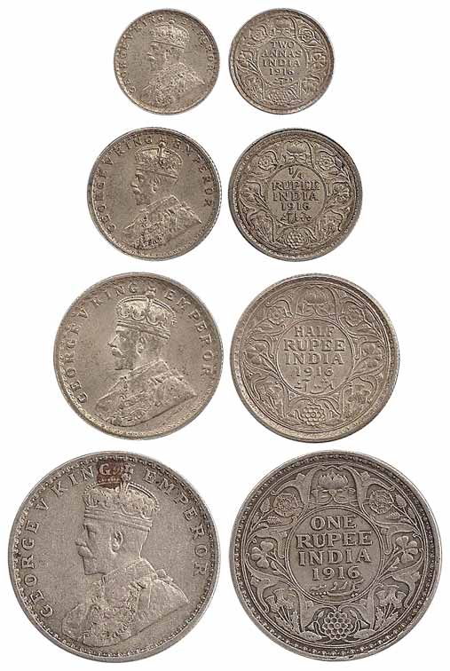 George V, Silver (4), Set of 4: Rupee, ½, ¼ Rupee and 2 Annas, 1916. Very Fine+ to About E