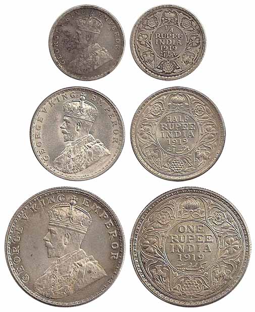 George V, Silver (4), Set of 3: Rupee, ½, ¼ Rupee, 1919. 2 Anna silver coins in this year 