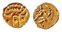 Banas, Gold, Fanam, Garuda type, an eagle carrying a bow and an arrow in his hands, marchi