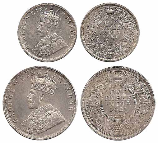 George V, Silver (2), Set of 2: Rupee, ½ Rupee, 1921. ¼ Rupee and 2 Anna silver coins in t