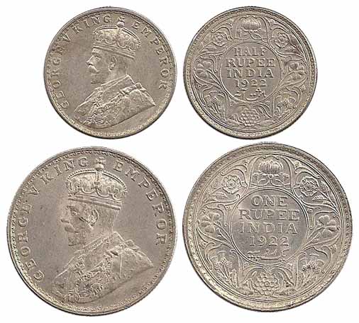 George V, Silver (2), Set of 2: Rupee, ½ Rupee, 1922. ¼ Rupee and 2 Anna silver coins in t