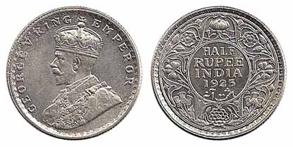 George V, Silver, ½ Rupee, 1923. Rupee, ¼ Rupee and 2 Anna silver coins in this year were 