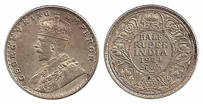 George V, Silver, ½ Rupee, 1924. Rupee, ¼ Rupee and 2 Anna silver coins in this year were 