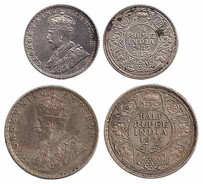 George V, Silver (2), ½ and ¼ Rupee, 1925. Rupee and 2 Anna silver coins in this year were