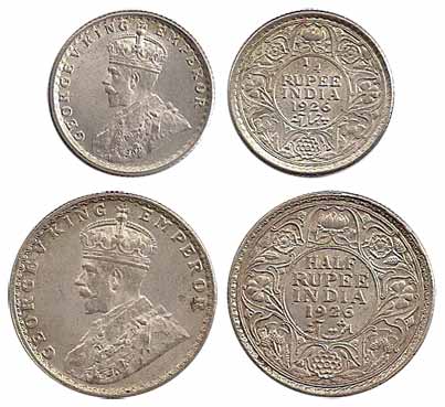 George V, Silver (2), ½ and ¼ Rupee, 1926. Rupee and 2 Anna silver coins in this year were
