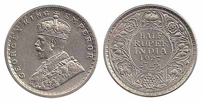 George V, Silver, ½ Rupee, 1927. Rupee, ¼ Rupee and 2 Anna silver coins in this year were 