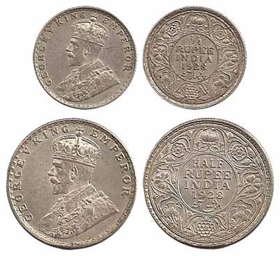 George V, Silver (2), ½ and ¼ Rupee, 1928. Rupee and 2 Anna silver coins in this year were