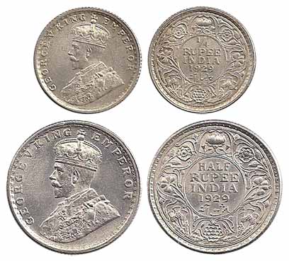 George V, Silver (2), ½ and ¼ Rupee, 1929. Rupee and 2 Anna silver coins in this year were