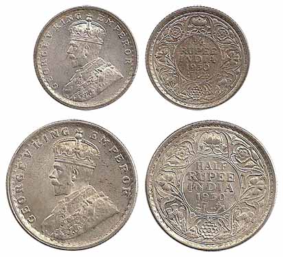 George V, Silver, ½ Rupee and ¼ Rupee, 1930. Rupee and 2 Anna silver coins in this year we