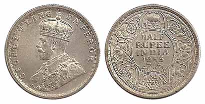 George V, Silver, ½ Rupee, 1933. Rupee, ¼ Rupee and 2 Anna silver coins in this year were 