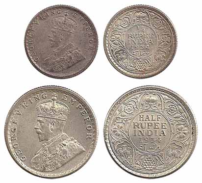 George V, Silver (2), ½ and ¼ Rupee, 1934. Rupee and 2 Anna silver coins in this year were