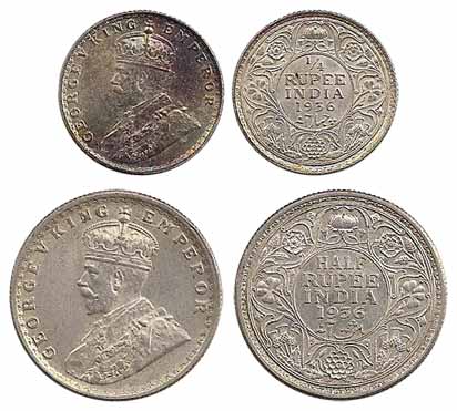 George V, Silver (2), ½ and ¼ Rupee, 1936. Rupee and 2 Anna silver coins in this year were
