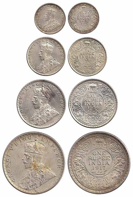George V, Silver (4), Set of 4: Rupee, ½, ¼ Rupee and 2 Annas. UNC, Scarce. 4 coins