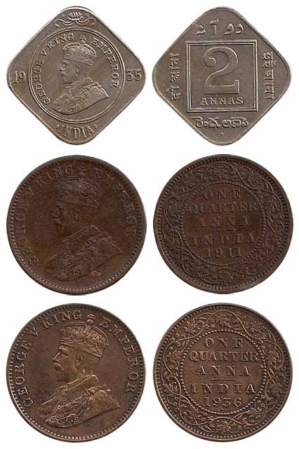 Assorted lot of George V and VI coins: 2 Anna, 1935; ¼ Anna, George V, 1911, 1929, 1936 (6