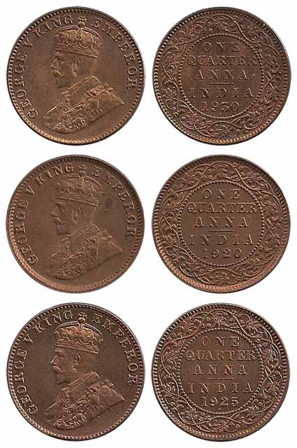 George V, Copper (12), ¼ Anna, 1913, 1918, 1920, 1925, 1926, 1927, 1928, 1930, 1933, 1934,