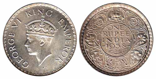George VI, Silver, Rupee, 1938, Calcutta Mint. UNC, Rare.