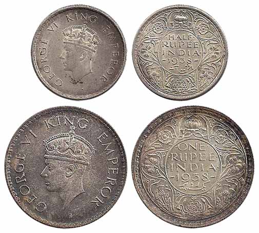 George VI, Silver (2), Rupee and ½ Rupee, 1938. ¼ Rupee and 2 Anna silver coins in this ye