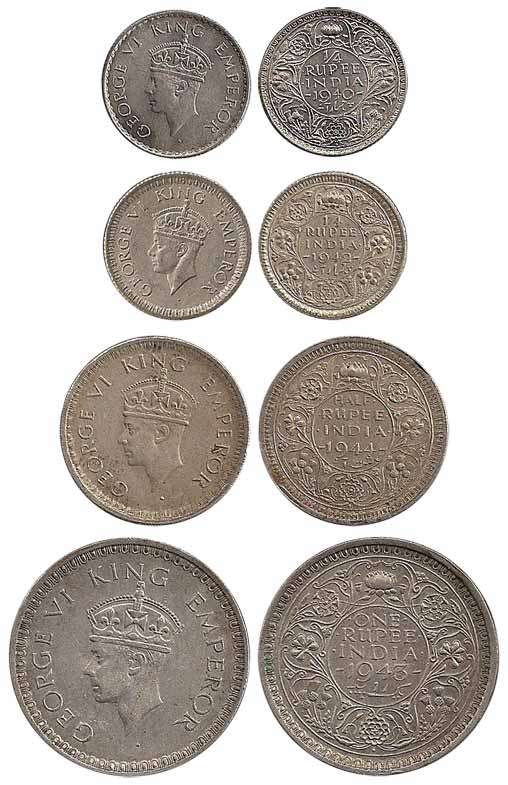 George VI, Silver (2), 1940 – Rupee, ½ Rupee and ¼ Rupee; 1941 – Rupee and ½ Rupee; 1942 –