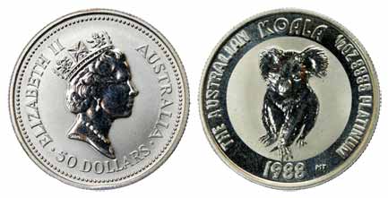 Australia, Elizabeth II, Platinum, 50 Dollars, 1988, Koala, ½ Oz, 9995 Fine. About Proof.