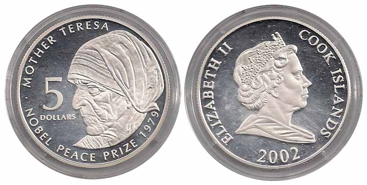 Cook Islands, Elizabeth II, Silver, 5 Dollars, 2002, Commemorative issue of Mother Teresa.