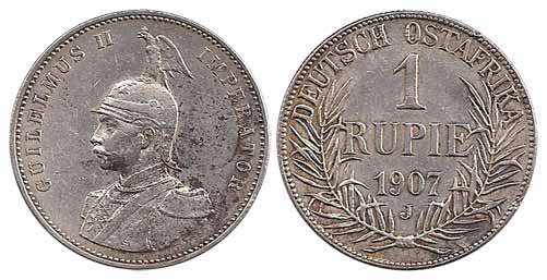 German East Africa, Silver, Rupee, 1907 J. Very Fine+. Scarce.