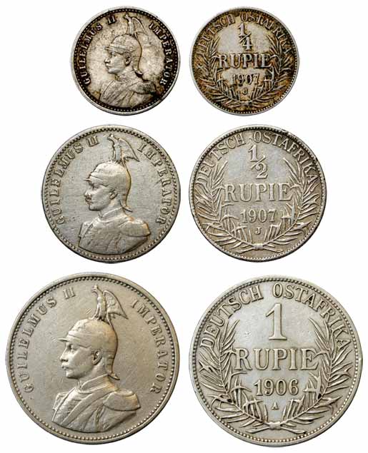 German East Africa, Silver (3), Rupee, ½ and ¼ Rupee, 1906 A, 1907 J, and 1907 J. Very Fin