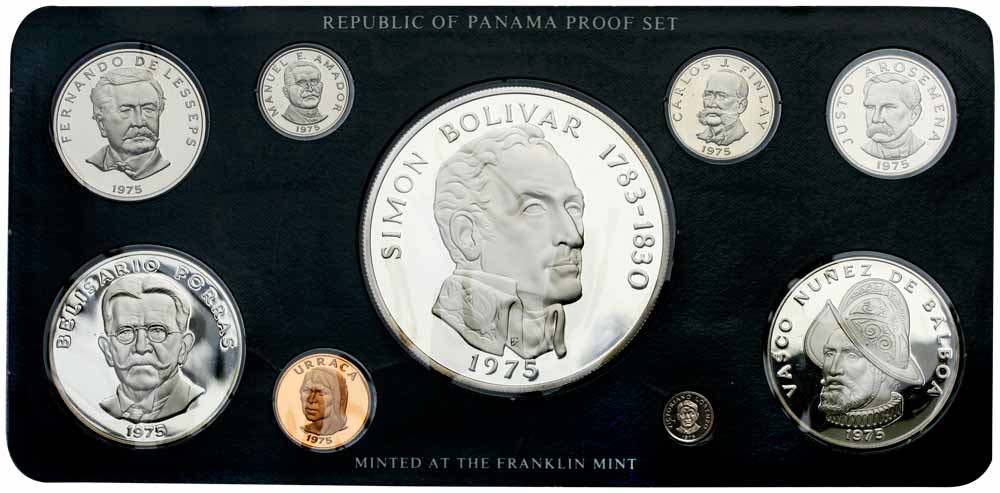Panama, Proof Set of 9 coins, 20, 5 & 1 Balboa, 50, 25, 10, 5, 2 ½ and 1 Centesimo, 1975, 