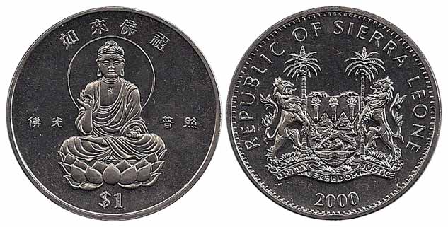 Sierra Leone, Silver, 1 Dollar, Commemorative Issue of Lord Buddha, 2000. Proof.