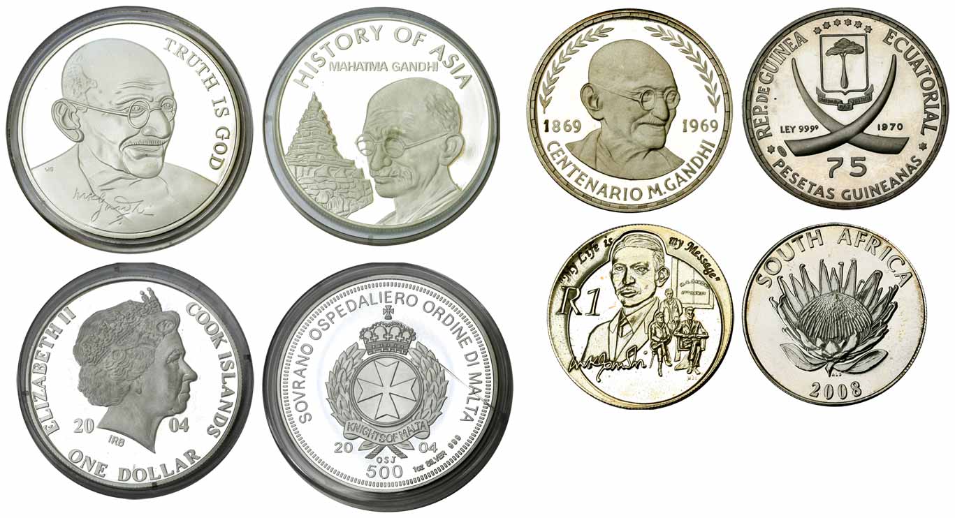 Commemorative Issues featuring Mahatma Gandhi, Cook islands, 1 Dollar; Equatorial, 75 Pese