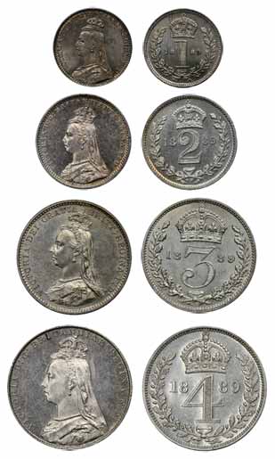 United Kingdom, Victoria, Silver (4), Set of Maundy Money, 1889, 4, 3 and 2 Shillings and 