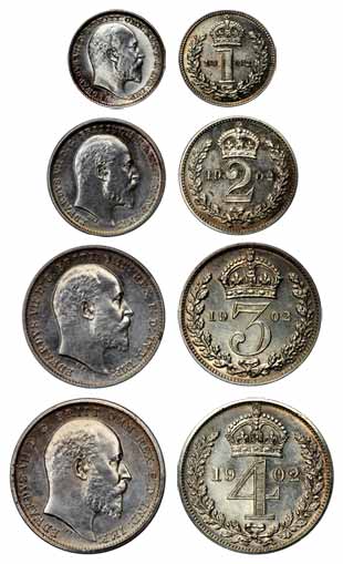 United Kingdom, Edward VII, Silver (4), Set of Maundy Money, 1902, 4, 3 and 2 Shillings an